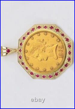 0.25 Ct Round Cut Simulated Ruby Liberty Coin Pendant In 14K Yellow Gold Plated