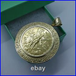 10K Solid Yellow Gold Eagle Mexican 50 Peso Coin Bezel Greek Key Patten Edge