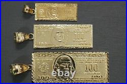 10K Solid Yellow Gold Hundred Dollar Bill Diamond Cut Charm Pendant. 3 Sizes