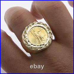 10K Yellow Gold Solid Rope Chain Framed Coin Signet Ring All Sizes