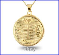 10k Solid Gold Love, Hope, Faith Hammered Coin Medallion Pendant Necklace Cross