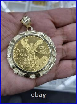 10k Solid Pure Yellow Gold Mens Mexico 50 Pesos Mexican Coin & Pendant Frame