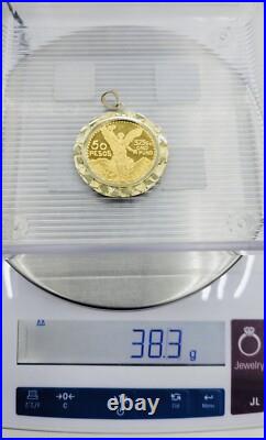 10k Solid Pure Yellow Gold Mens Mexico 50 Pesos Mexican Coin & Pendant Frame