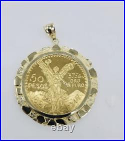 10k Solid Pure Yellow Gold Mens Mexico 50 Pesos Mexican Coin & Pendant Frame