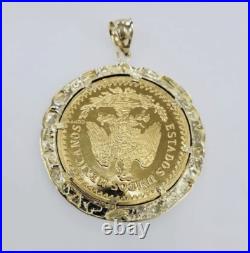 10k Solid Pure Yellow Gold Mens Mexico 50 Pesos Mexican Coin & Pendant Frame