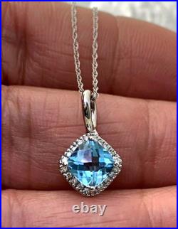 10k Solid White Gold Natural Blue Topaz & Diamond Pendant Necklace 18in