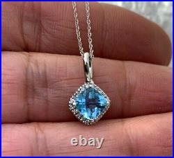 10k Solid White Gold Natural Blue Topaz & Diamond Pendant Necklace 18in