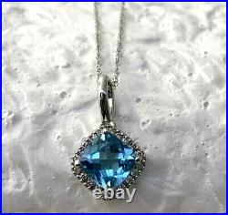 10k Solid White Gold Natural Blue Topaz & Diamond Pendant Necklace 18in