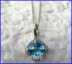 10k Solid White Gold Natural Blue Topaz & Diamond Pendant Necklace 18in