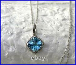 10k Solid White Gold Natural Blue Topaz & Diamond Pendant Necklace 18in