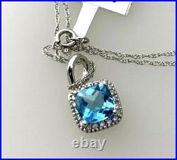 10k Solid White Gold Natural Blue Topaz & Diamond Pendant Necklace 18in