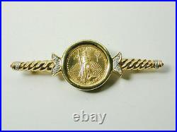 1366 Brooch Pin 18k Solid Yellow Gold, Diamonds and US $5.00 Gold Eagle Coin