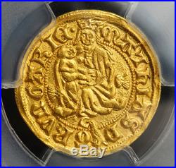 1458, Hungary, Mathias Corvinus. Rare Gold Gulden (Ducat) Coin. Gem! PCGS MS-64