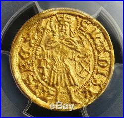1458, Hungary, Mathias Corvinus. Rare Gold Gulden (Ducat) Coin. Gem! PCGS MS-64