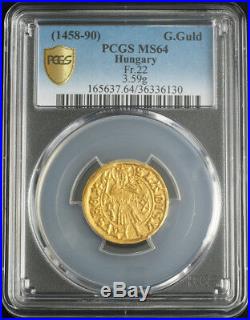 1458, Hungary, Mathias Corvinus. Rare Gold Gulden (Ducat) Coin. Gem! PCGS MS-64