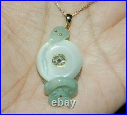 14KT Solid Yellow Gold Pendant Chinese Real Jade Gemstone Snake Holding Mop Coin