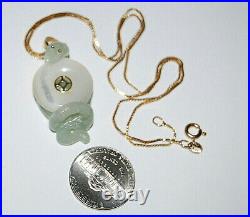 14KT Solid Yellow Gold Pendant Chinese Real Jade Gemstone Snake Holding Mop Coin