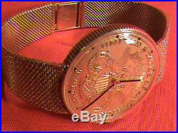 14K Double $20 Solid Gold Coin Vintage Watch Lucien Piccard, 14k Mesh Band 65 Gr