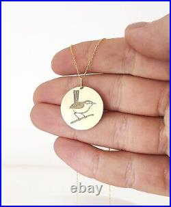 14K Real Solid Gold Wren Necklace, Gold Bird Coin Pendant, Custom Wren Jewelry