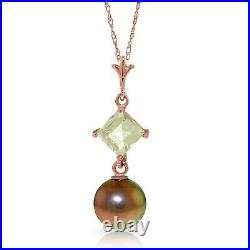 14K. SOLID GOLD NECKLACE WITH AQUAMARINE & PEARL (Rose Gold)