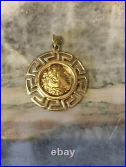 14K Solid Gold Alexander the Great Coin Pendant Greek Key Handmade Jewelry