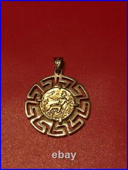 14K Solid Gold Alexander the Great Coin Pendant Greek Key Handmade Jewelry