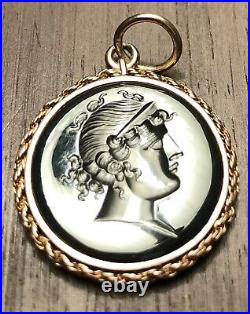 14K Solid Gold Antique Greek Goddess Hera Intaglio Necklace Pendant