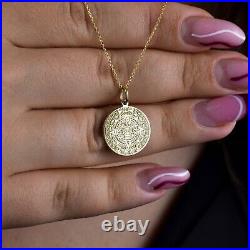 14K Solid Gold Aztec Calendar Necklace, Mexican Mayan Coin, Gold Aztec Jewelry