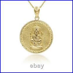 14K Solid Gold Lord Ganesha Hindu Coin Pendant Necklace -Yellow, Rose, or White
