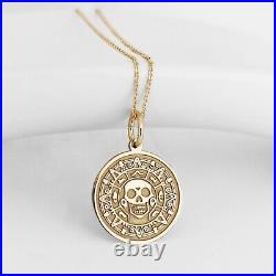 14K Solid Gold Pirate Coin Pendant, Pirates Caribbean Necklace, Pirate Charm