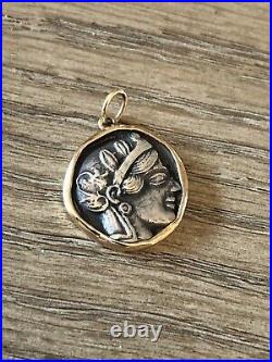 14K Solid Gold and Sterling Silver Athena Coin Pendant Ancient Greek Goddess