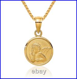 14K Solid Yellow Gold 10mm Guardian Angel Wings Coin Necklace