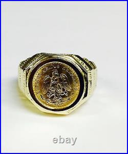 14K Solid Yellow Gold Mens 17MM COIN RING with a 22K MEXICAN DOS PESOS Coin