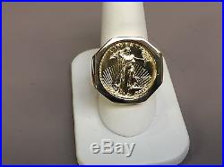 14K Solid Yellow Gold Mens 25MM COIN RING with a 22K 1/4 OZ AMERICAN EAGLE COIN