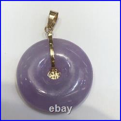 14K Solid Yellow Gold Round Purple Jade Pendant Chinese Coin 7.7 g (1 In)