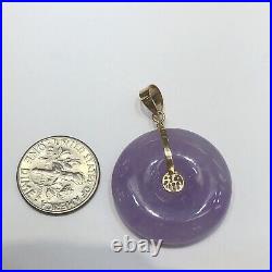 14K Solid Yellow Gold Round Purple Jade Pendant Chinese Coin 7.7 g (1 In)