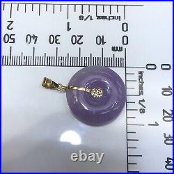 14K Solid Yellow Gold Round Purple Jade Pendant Chinese Coin 7.7 g (1 In)