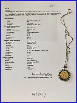 14K White Gold Sapphire Diamond US Liberty Head 1851 Rare Coin Pendant Necklace