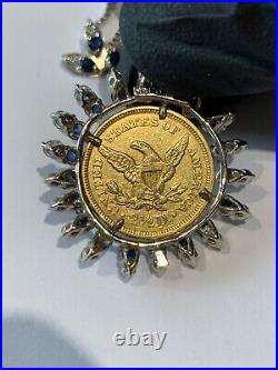 14K White Gold Sapphire Diamond US Liberty Head 1851 Rare Coin Pendant Necklace