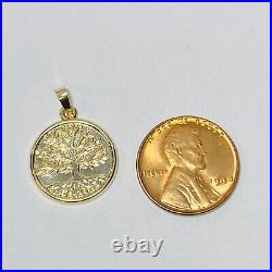 14K Yellow Gold 16mm Solid Disc Coin Tree of Life Pendant 1.1g