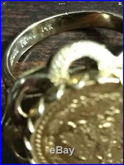 14K Yellow Gold LADIES Ring With 1945 22k Solid Gold Mexican COIN DOS PESOS 7.6g