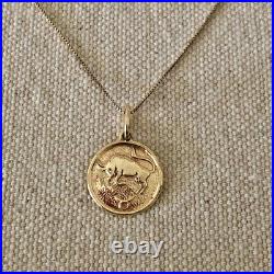 14K Yellow Gold Zodiac Taurus Coin Pendant Necklace, 18 Chain, Solid Gold, Box