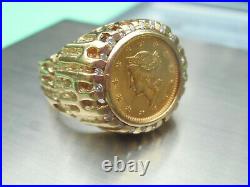 14 K Solid Yellow Gold Ring W / 1851 Us Liberty $1.00 Gold Coin 10.5 Grams
