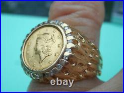 14 K Solid Yellow Gold Ring W / 1851 Us Liberty $1.00 Gold Coin 10.5 Grams