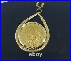 14k 24k Yellow Gold 9.9 Grams Gold Rose Coin Diamond Cut Bezel 1.7 Inch Pendant