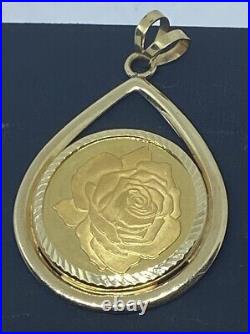 14k 24k Yellow Gold 9.9 Grams Gold Rose Coin Diamond Cut Bezel 1.7 Inch Pendant