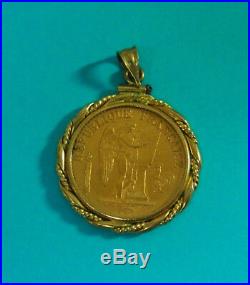 14k Bezel Lucky Angel 20 Franc Gold Coin Bezel Set Pendant 1889
