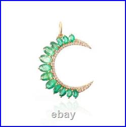 14k Solid Gold Designer Diamond Emerald Charm Crescent Moon Pendant