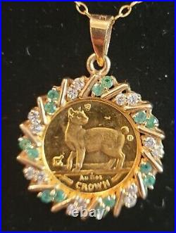 14k Solid Gold Diamond Emerald Bezel Pendant set ISLE OF MAN 999 1/25oz Cat Coin