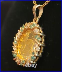 14k Solid Gold Diamond Emerald Bezel Pendant set ISLE OF MAN 999 1/25oz Cat Coin